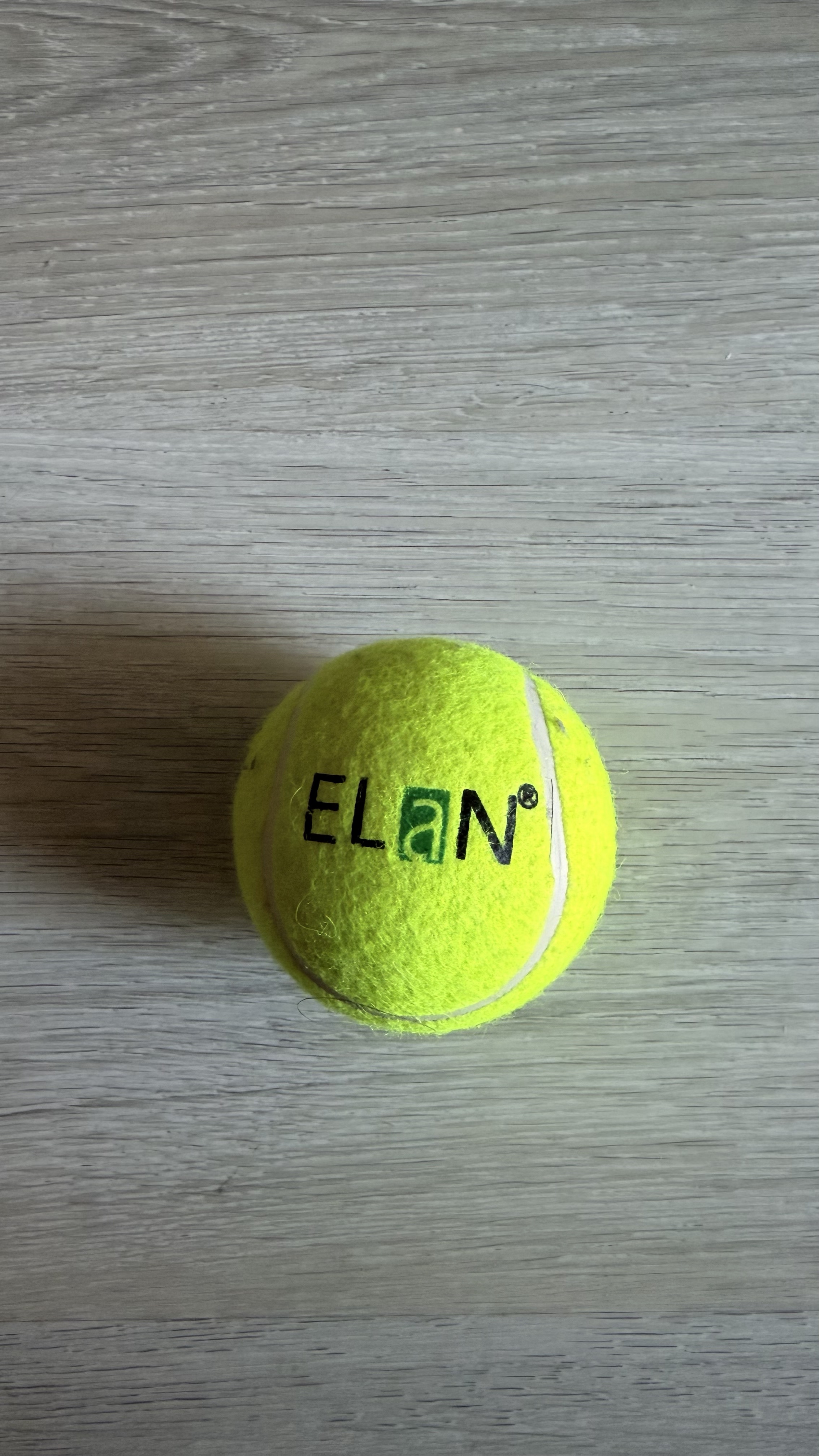 Yellow tennis ball with 'Elan' brand marking